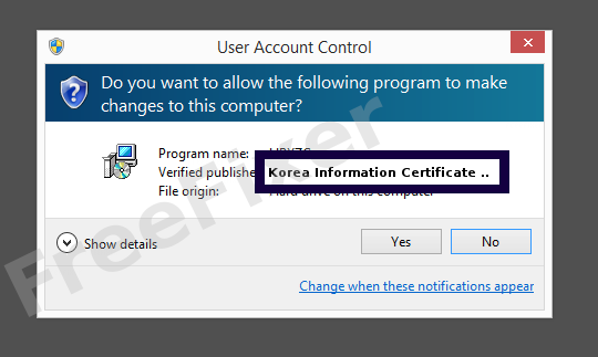 Screenshot where Korea Information Certificate Authority Inc. appears as the verified publisher in the UAC dialog
